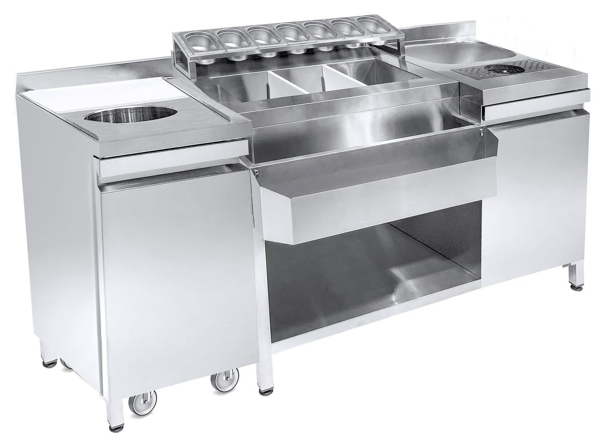 COCKTAIL BAR STATION 
INCL. SPOELBAK, GLAZENSPOELER, GN-BAKKEN, SPEEDRAIL VOOR FLESSEN, SNIJPLANK EN AFVALBAK - 7083.0040