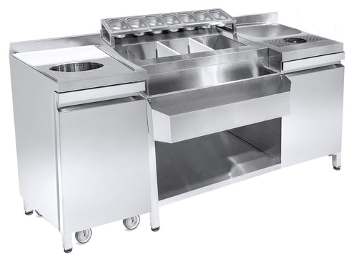 COCKTAIL BAR STATION 
INCL. SPOELBAK, GLAZENSPOELER, GN-BAKKEN, SPEEDRAIL VOOR FLESSEN, SNIJPLANK EN AFVALBAK - 7083.0040