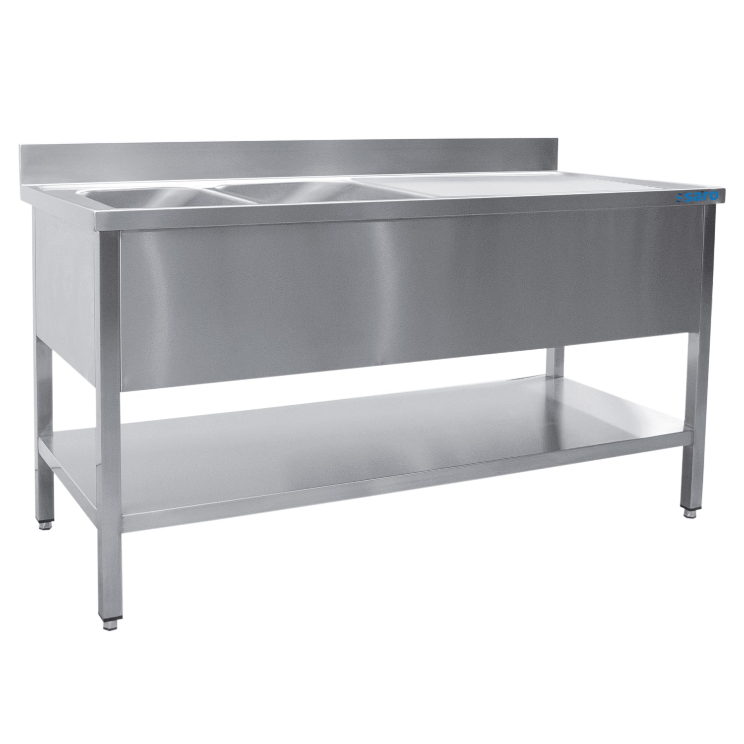 SARO spoeltafel met twee wasbakken, links - 600 mm diepte, 1400 mm