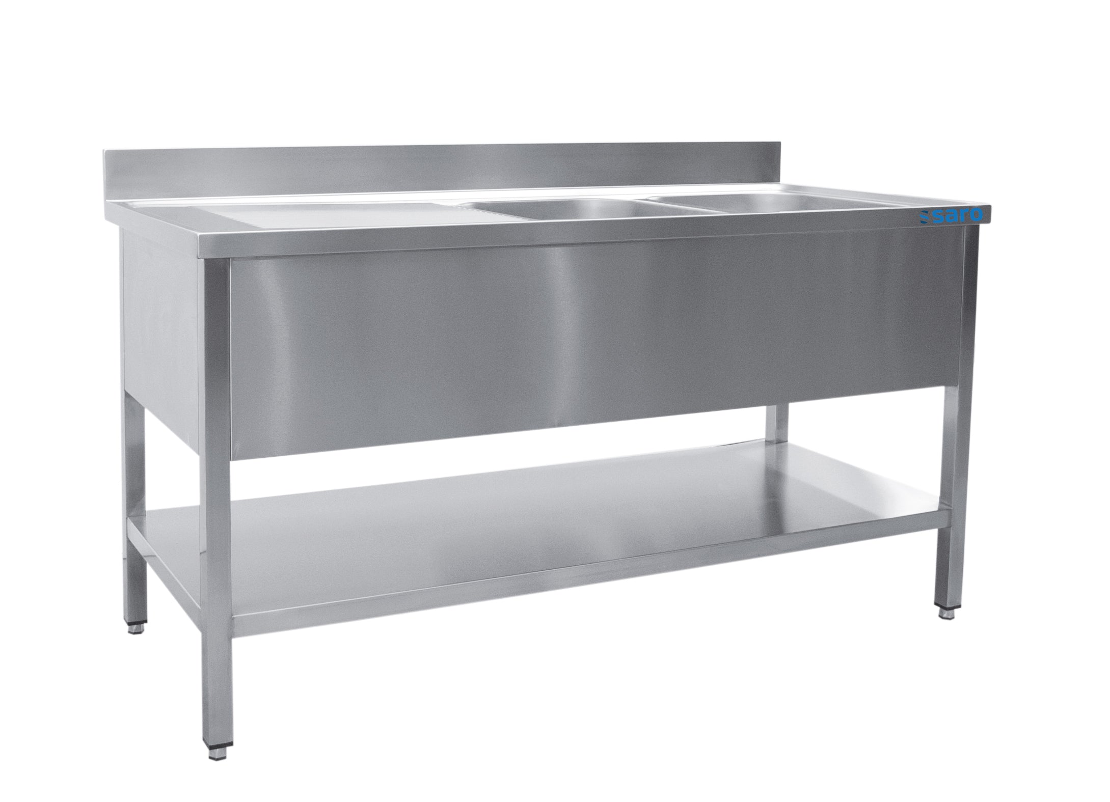 SARO Spoeltafel met twee wasbakken, rechts - 600 mm diepte, 2000 mm