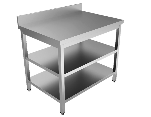 RVS werktafel met twee onderbladen en opstaande rand, 600 mm diep