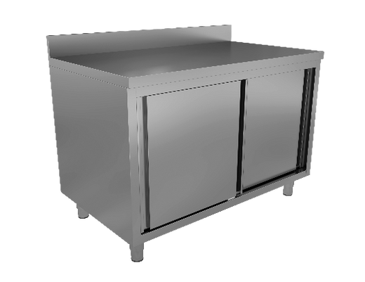 RVS werktafel met schuifdeuren en opstaande rand, 600 mm diep