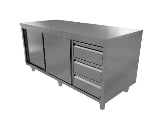 RVS werktafel met schuifdeuren en ladeblok, 600 mm diep