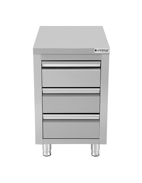 RVS werktafel met 3 laden, 600 mm diep Unninox WT-506085-3D