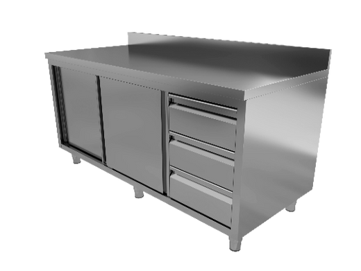RVS werktafel met schuifdeuren, ladeblok en opstaande rand, 600 mm diep