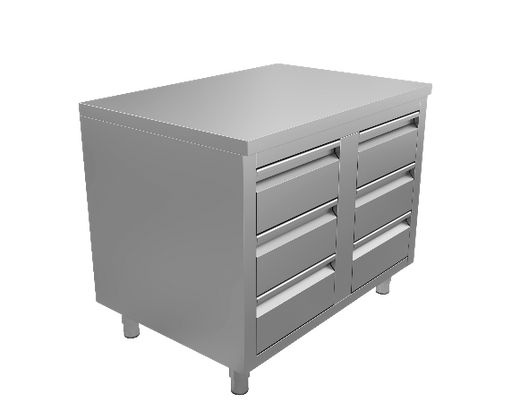 RVS werktafel met 6 laden, 600 mm diep