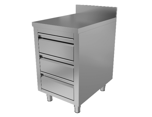 RVS werktafel met 3 laden en opstaande rand, 600 mm diep