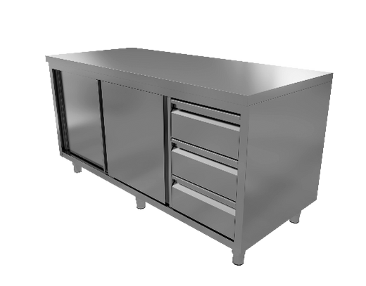 RVS werktafel met schuifdeuren en ladeblok, 700 mm diep