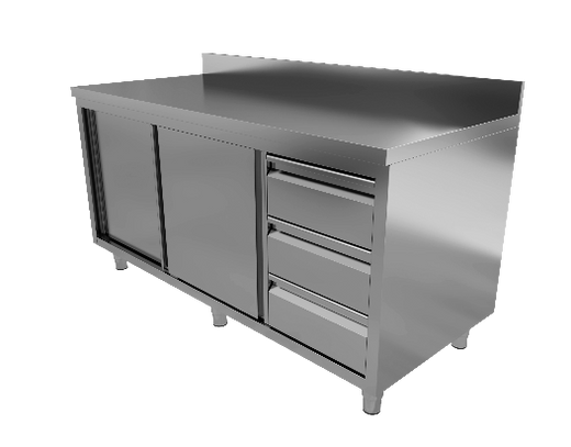 RVS werktafel met schuifdeuren, ladeblok en opstaande rand, 700 mm diep