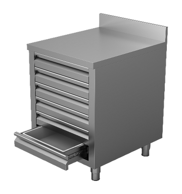 RVS werktafel met laden, met opstaande rand, 3 laden, 700 mm diep Unninox DR-6S