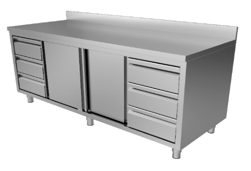 RVS werktafel met schuifdeuren, 6 laden en opstaande rand, 700 mm diep