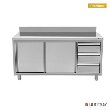 RVS werktafel schuifdeuren, ladeblok en opstand, 600 mm Unninox