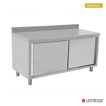 RVS werktafel met schuifdeuren en opstaande rand, 600 mm diep Unninox
