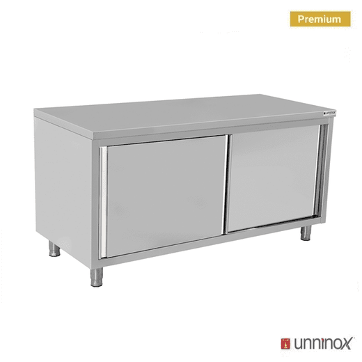 RVS werktafel met schuifdeuren, 600 mm diep Unninox