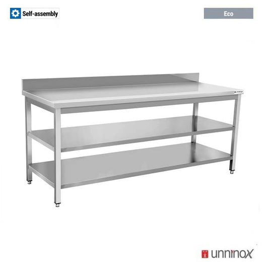 RVS werktafel met dubbel schap en opstaande rand, 1500x700xH850 mm Unninox WTF157A-B+E157
