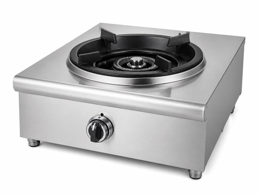 RVS wokbrander als tafelmodel met hogedrukbrander en gietijzeren rooster